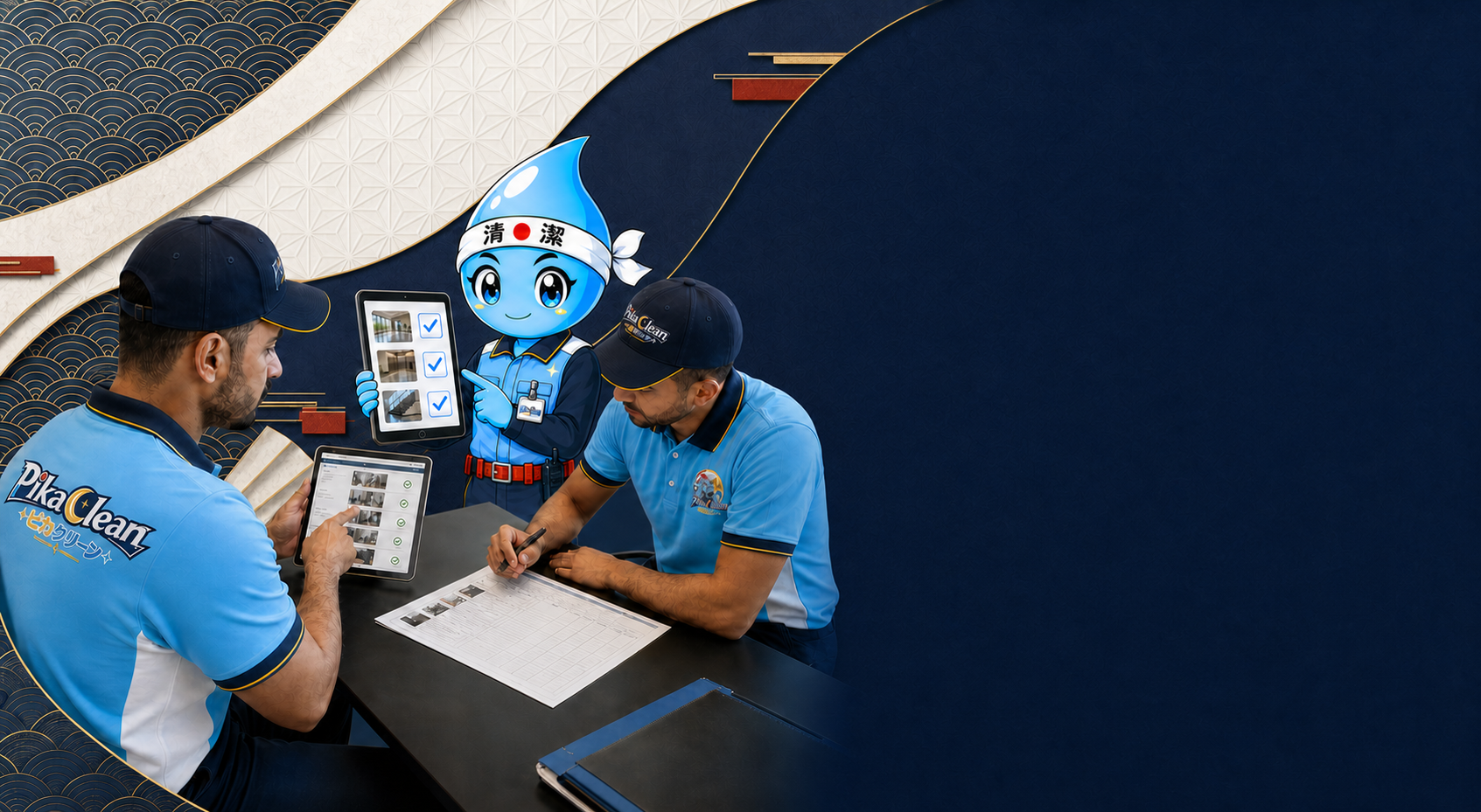 Pika Clean supervisors and Pikachin reviewing a documented quality report in a Japanese-inspired setting